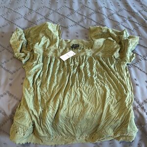 Lane Bryant Green Puff Sleeve Blouse with Ruched Bib Collar